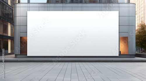 Large horizontal blank advertising poster billboard banner mockup on wall of building in urban city; digital light box display screen. Generative Ai