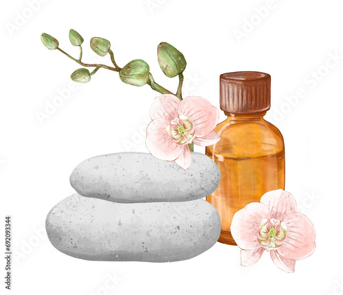 Aromatherapy. Bottle with essential oil, massage stones and orchid flowers. The concept of a healthy lifestyle and spa treatments for the skin. Hand drawn illustration isolated on white background.