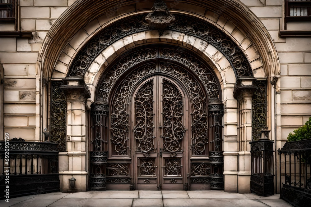 An ornate, arched doorway adorned with detailed ironwork, showcasing the artistic flair of a historic building.