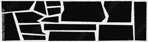 A set of black torn paper. Ripped rectangles and sharp shapes. Sheets with distorted edges for collages. Vector illustration.