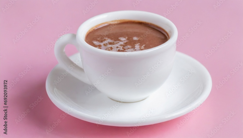 White cup of hot chocolate on pink background White cup of hot chocolate on pink background
