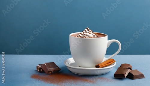 White cup of hot chocolate on blue background  