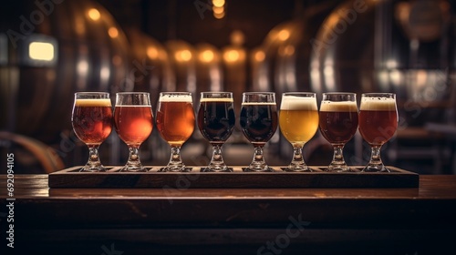 A beer flight on a paddle, each glass capturing the light differently, set against a backdrop of copper brewing kettles. photo