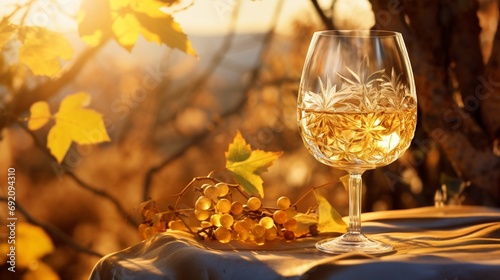 A chilled chardonnay in a crystal glass, with a background of golden vine leaves shimmering in the afternoon sun.
