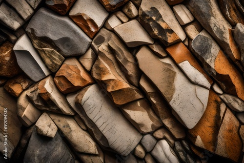 A close-up shot of a rough-hewn granite wall  showcasing the natural beauty of its irregular patterns and earthy hues.