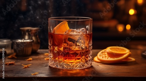 A classic Old Fashioned cocktail, with a twist of orange peel and ice, on an antique bar counter.