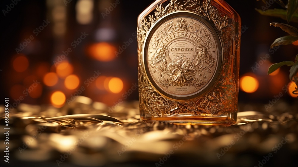 A close-up of a whisky bottle's label, with an emphasis on the intricate calligraphy and gold foil details, against a background of soft, diffused light. A close-up of a whisky bottle's label, with an emphasis on the intricate calligraphy and gold foil details, against a background of soft, diffused light.