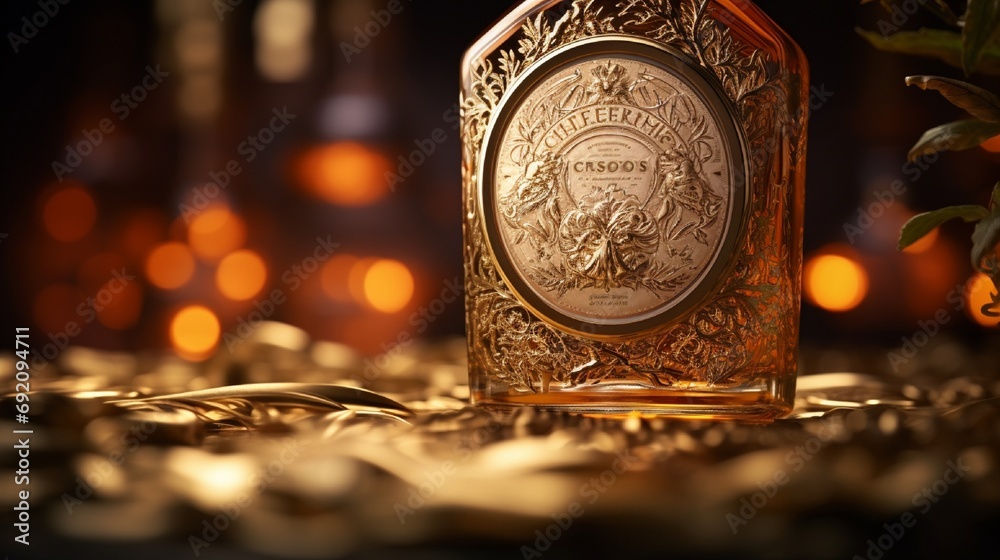 A close-up of a whisky bottle's label, with an emphasis on the intricate calligraphy and gold foil details, against a background of soft, diffused light.