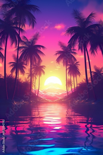 sunset at exotic tropical beach with palm trees and sea, colorful illustration in style of purple and orange, beauty at nature