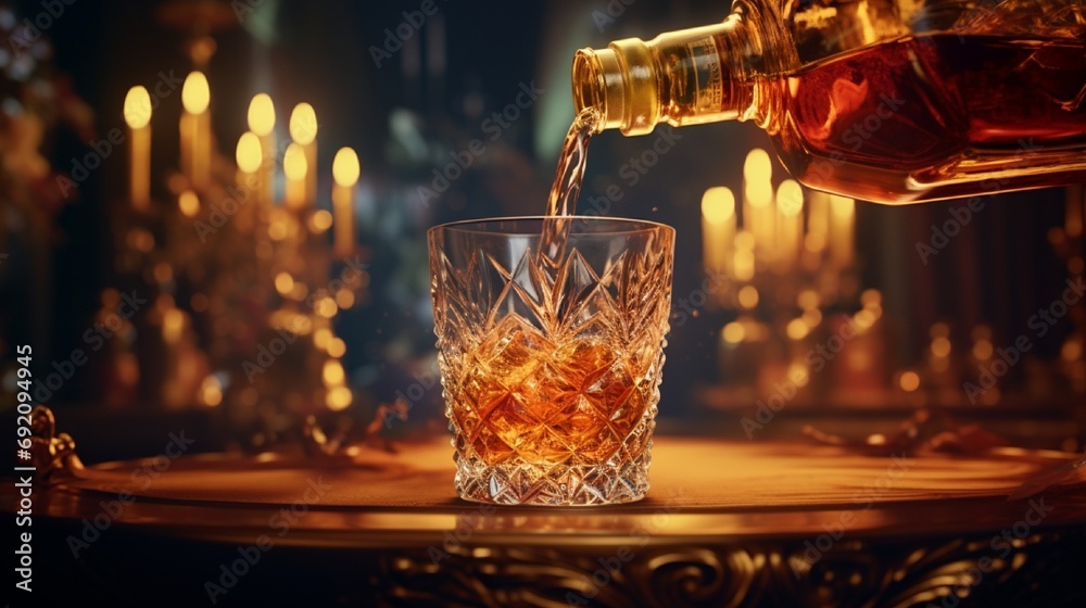 A close-up of whisky being poured from an ornate bottle into a glass, capturing the dynamic splash and the liquid's rich color. - obrazy, fototapety, plakaty 