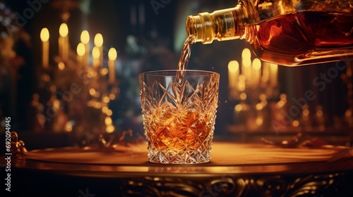 A close-up of whisky being poured from an ornate bottle into a glass, capturing the dynamic splash and the liquid's rich color. photo