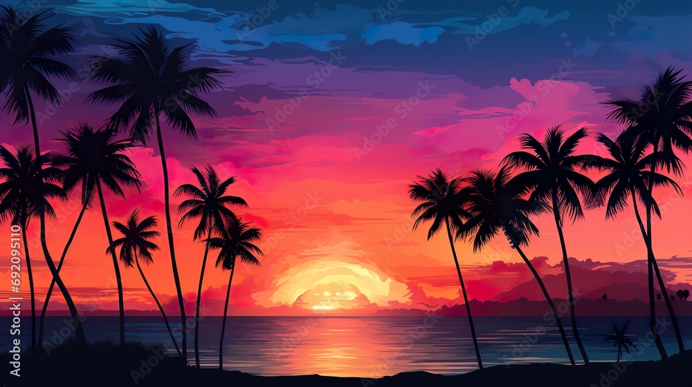 sunset at exotic tropical beach with palm trees and sea, colorful illustration in style of purple and orange, beauty at nature