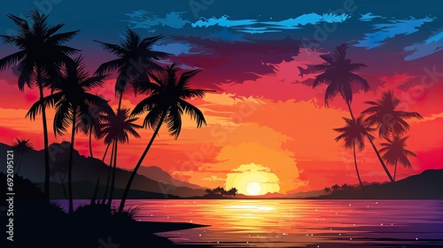 sunset at exotic tropical beach with palm trees and sea, colorful illustration in style of purple and orange, beauty at nature © goami