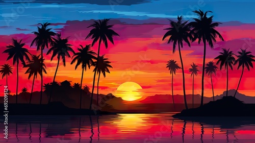 sunset at exotic tropical beach with palm trees and sea, colorful illustration in style of purple and orange, beauty at nature © goami