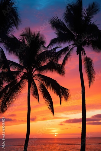 sunset at exotic tropical beach with palm trees and sea  colorful illustration in style of purple and orange  beauty at nature