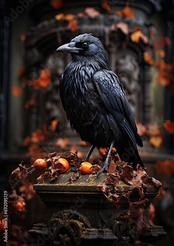 black crow sitting on top of a gravestone in a cemetary