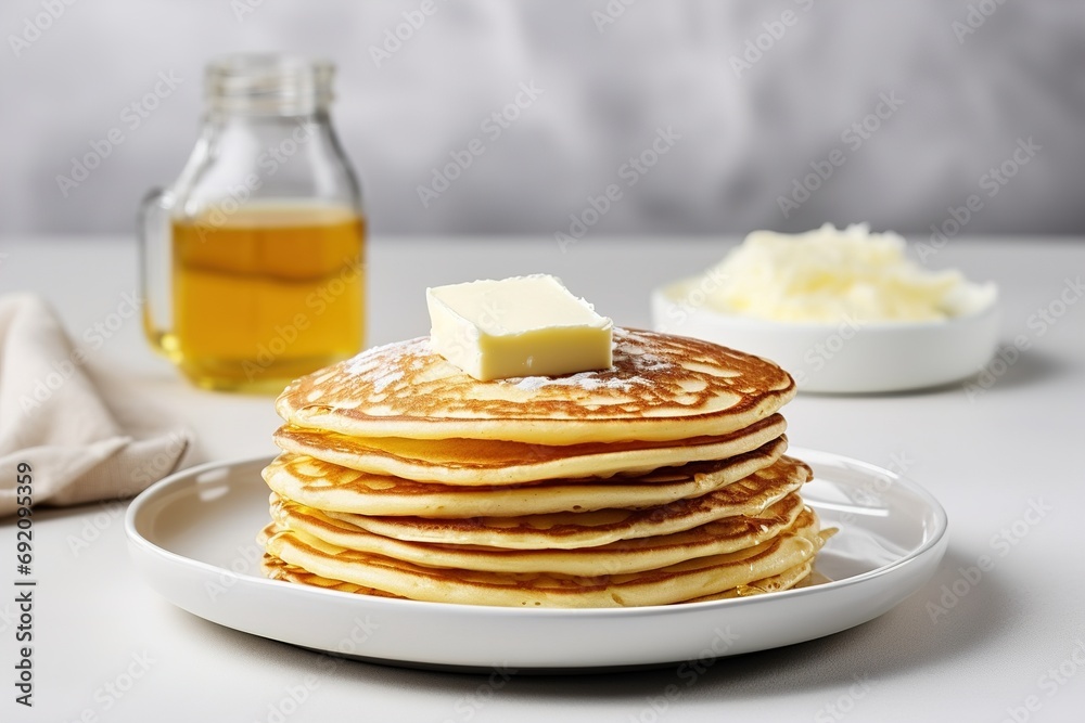Stack of traditional Russian pancakes blini on gray background. Homemade Russian thin pancakes blini. Russian food, Russian kitchen