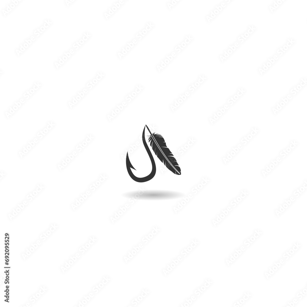 Fishing hook with feather icon with shadow Fishing hook with feather icon with shadow