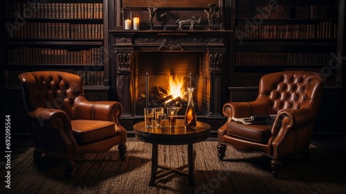 A luxurious whisky lounge setting, with leather chairs, a fireplace, and whisky glasses on a polished wooden table. Ambient, cozy lighting.