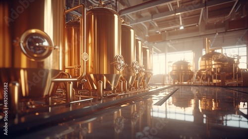A microbrewery setting with rows of stainless steel beer tanks and piping, capturing the essence of beer production. photo