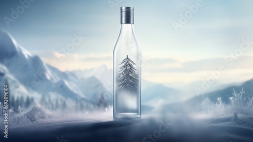 A sleek, minimalist vodka bottle design with a frosted glass look, placed against a backdrop of a snow-covered landscape.