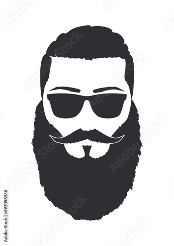 Silhouette of a man with sunglasses, mustache and full garibaldi beard. Hand Drawn Vector Illustration. Design element isolated white background photo