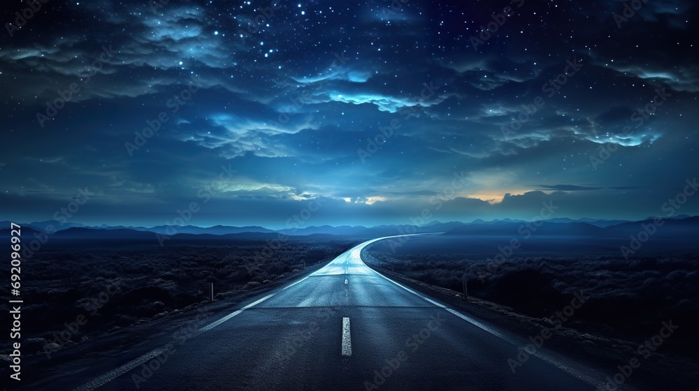 empty asphalt road perspective at starry night, way to bright future, new life and hope concept