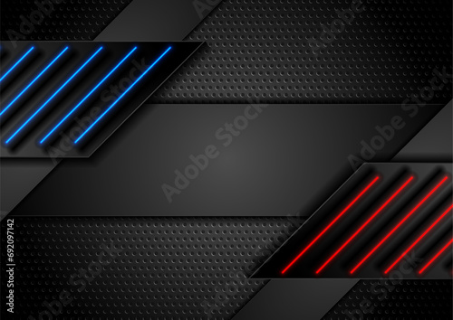 Dark perforated tech background with blue and red neon lines. Geometric futuristic vector design photo
