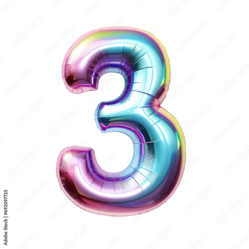 Hologram metallic number 3 balloon Realistic 3D on white background. Generative AI Hologram metallic number 3 balloon Realistic 3D on white background. Generative AI