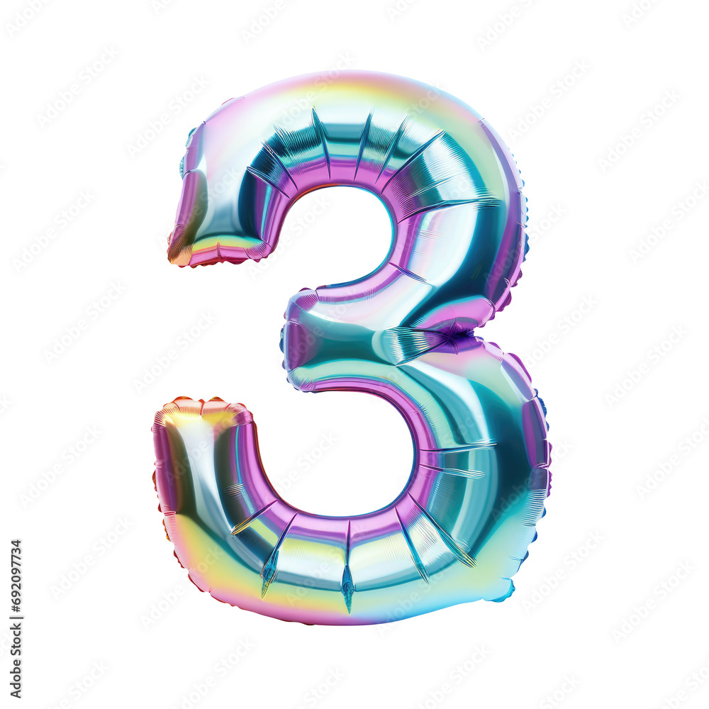 Hologram metallic number 3 balloon Realistic 3D on white background. Generative AI Hologram metallic number 3 balloon Realistic 3D on white background. Generative AI