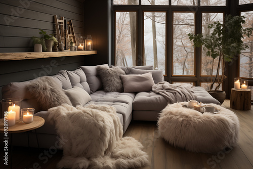 Cozy grey corner sofa with many pillows and fur blankets. Warm and inviting winter atmosphere. Nordic, scandinavian home interior design of modern living room in house in forest. AI generate