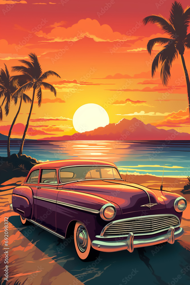 old retro vintage car at sunny beach with palm trees and sea, travel and adventure concept, road trip to ocean