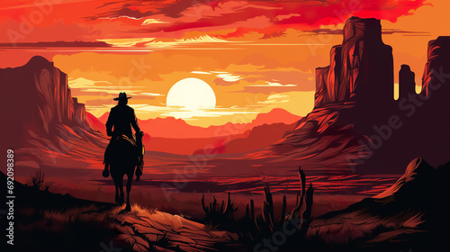 silhouette of cowboy man riding horse at sunset in desert canyon of arizona  in style of orange and red