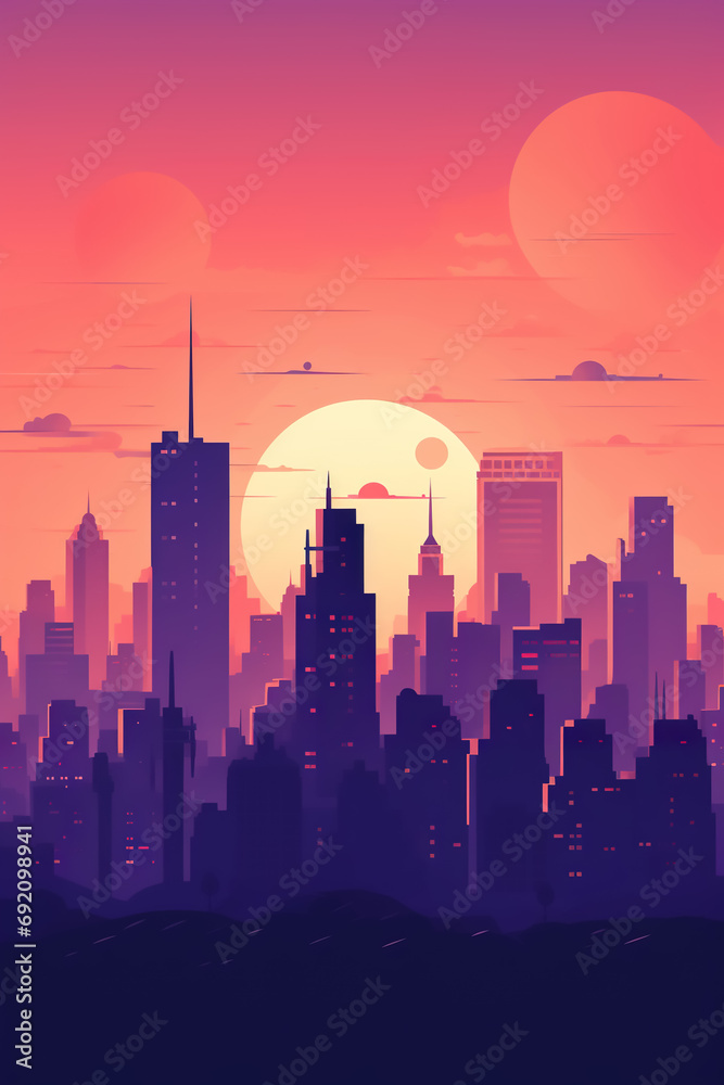 futuristic city skyline with skyscrapers illustration, in style of purple and pink synthwave