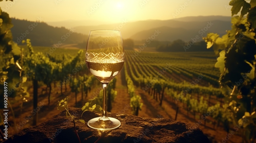 A wine glass shadowed in a vineyard at dawn, the rising sun casting a long shadow over the dewy grapes.