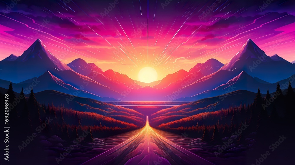 retro style sunset at mountains illustration, in style of purple and pink, synthwave and cyberpunk