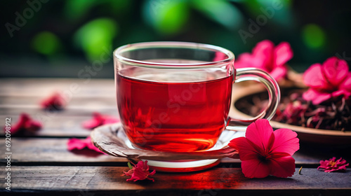 Cup of tea with red hibiscus flowers on wooden table