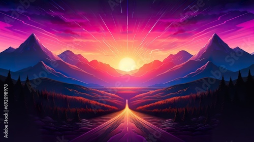 retro style sunset at mountains illustration, in style of purple and pink, synthwave and cyberpunk © goami