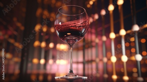 A wine glass tipped over, with the last drop of wine suspended in air, against a backdrop of a blurred wine rack.