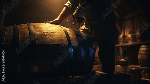A wine thief being used to sample wine from an oak barrel, the tool's silhouette sharp against the dim light of the cellar. photo