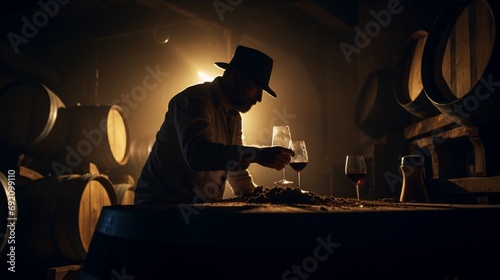 A wine thief being used to sample wine from an oak barrel, the tool's silhouette sharp against the dim light of the cellar.