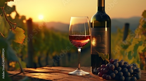 Close-up of a wine bottle and a glass filled with rich, ruby red wine, with a vineyard in the background at sunset.