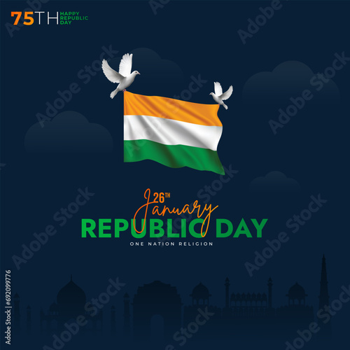 75th Indian Republic Day, 26 January Celebration Social Media Post, Web Benner, Status Wishes