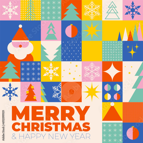 Merry Christmas and Happy New Year 2024 seamless geometric pattern in bauhaus style. Vector flat illustration for background, greeting cards, posters, holiday cover, banner in swiss style.