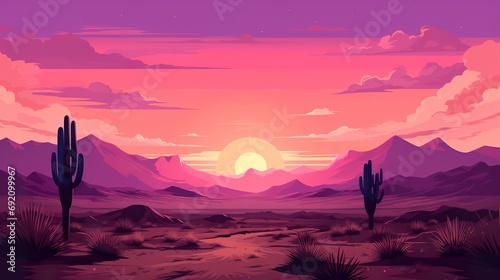 colorful illustration of sunset in desert, cactus and mountains, in style of purple and pink