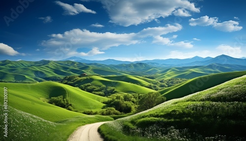 Breathtaking landscape vast green fields, serene blue sky with fluffy white clouds on the horizon.
