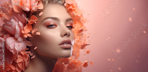 Elegant model with floral makeup and a gentle, romantic ambiance. For editorial and advertising content, especially in the luxury beauty and fashion sectors. Peach fuzz color trend 2024.
