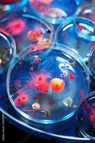 closeup shot of bacteria colony in petri dish at laboratory, biochemistry scientific medical research