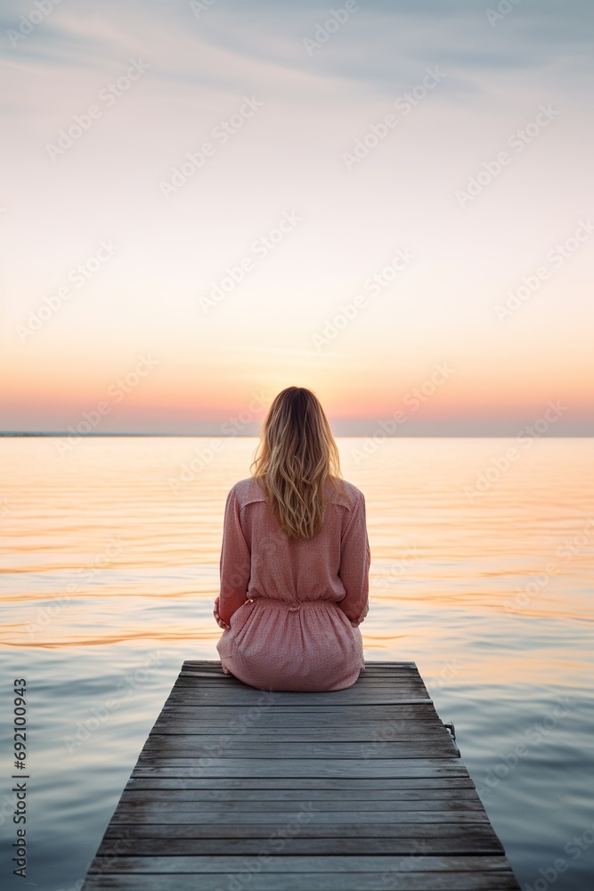 lonely woman sitting on wooden pier at lake or sea, serenity and calmness, solitude concept