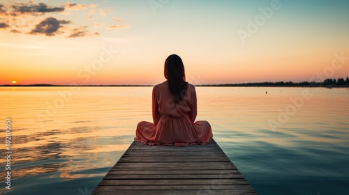 lonely woman sitting on wooden pier at lake or sea, serenity and calmness, solitude concept